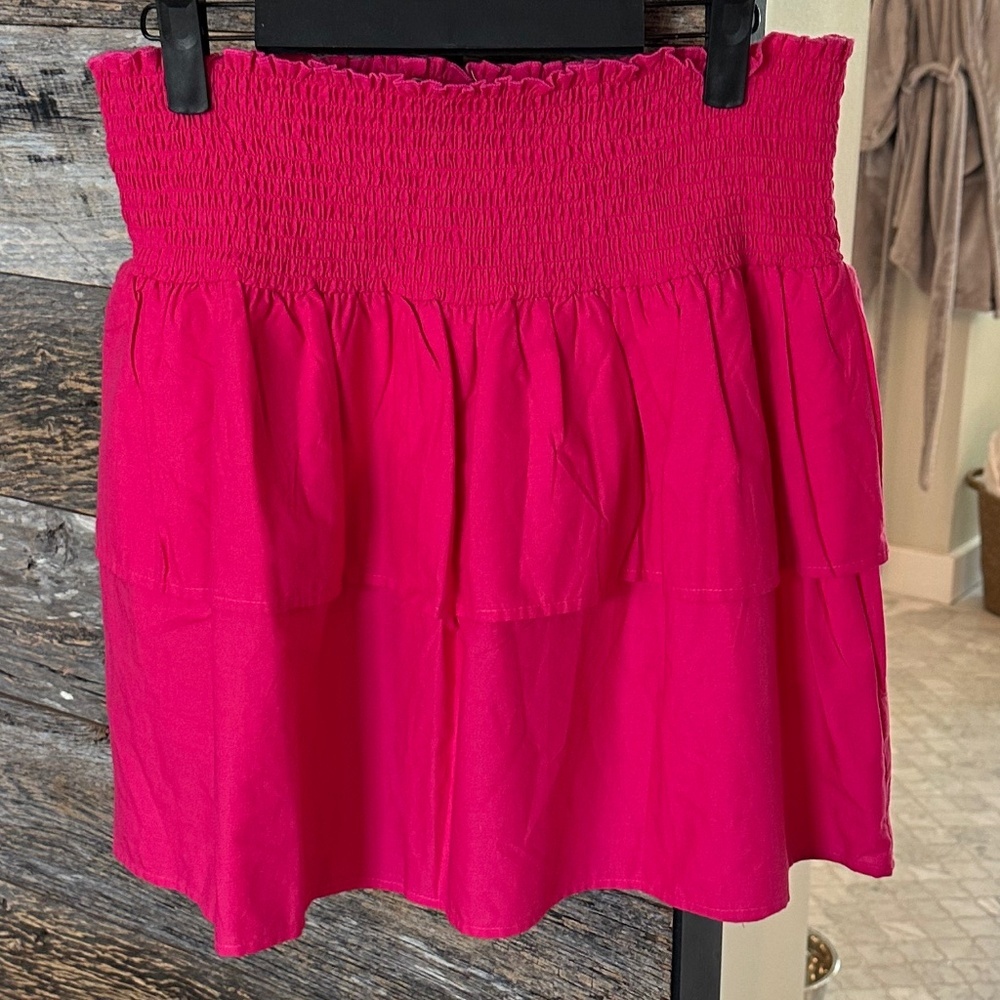 HT360 Collective Layered Ruffle Mini Skirt Fuchsia Smocked Waist Size M - Picture 2 of 9